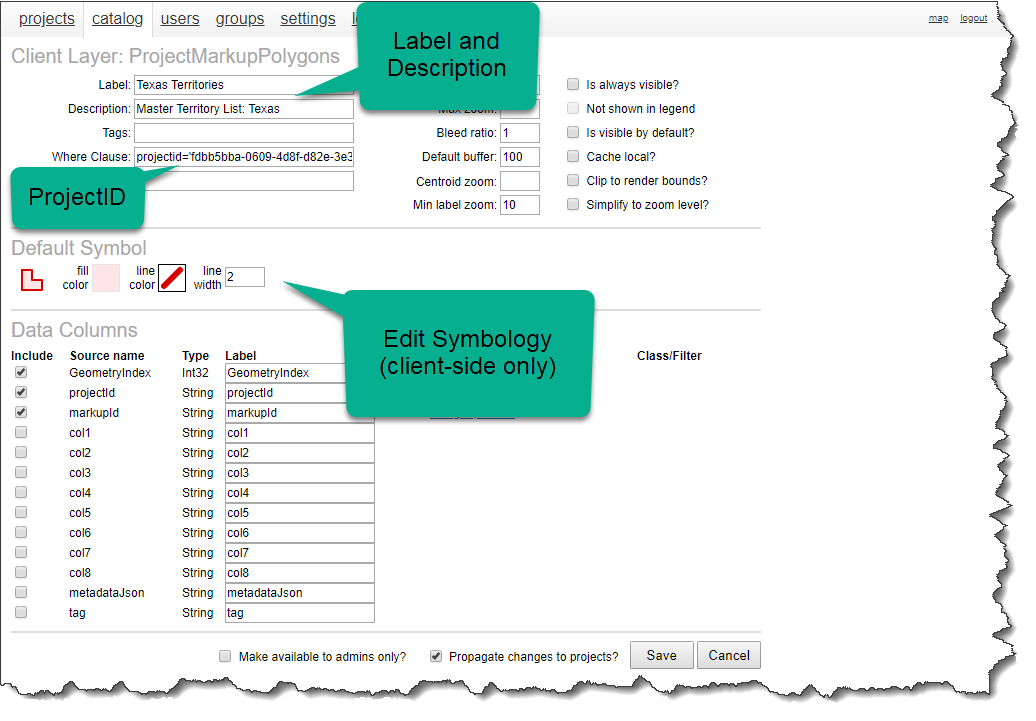 The user must add the Project ID of the source project as a Where Clause, and he can then update the label, description, symbology